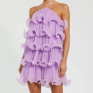 Ieena for Mac Duggal Purple Crinkle Chiffon Tiered Ruffle Mini Dress (NWT)